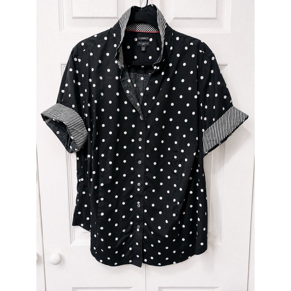 Talbots Womens 20W Black White Polka Dot Button Down Shirt Striped Cuff Non Iron - Picture 6 of 7